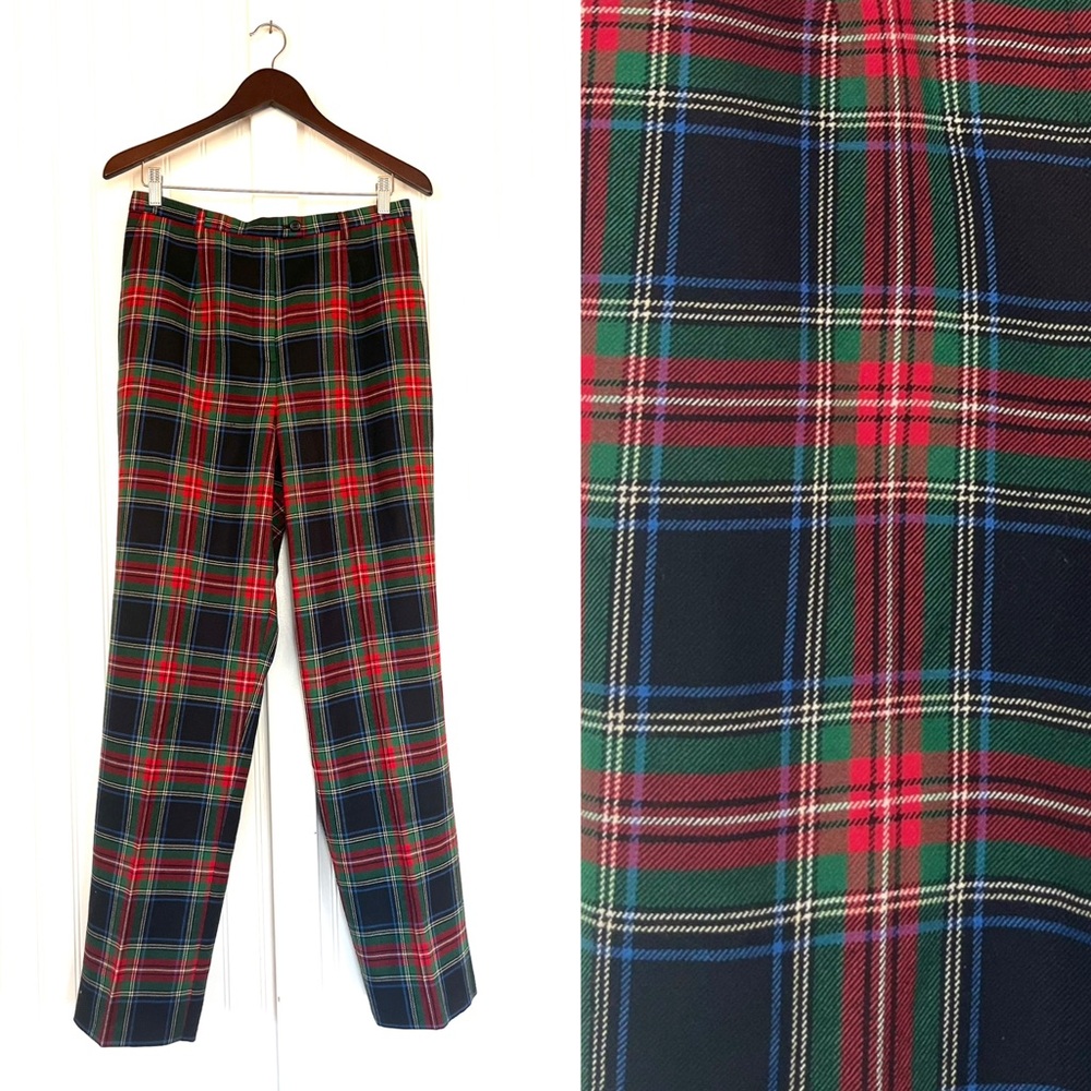 Vintage Pendleton Red and Green Plaid Wool Trousers Pleated High Waist Straight